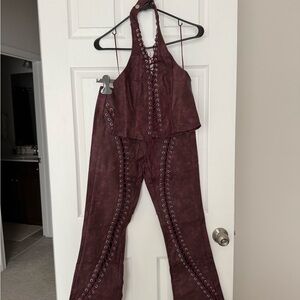 FASHIONNOVA BURGANDY LACE UP 2 PIECE FAUX LEATHER SET